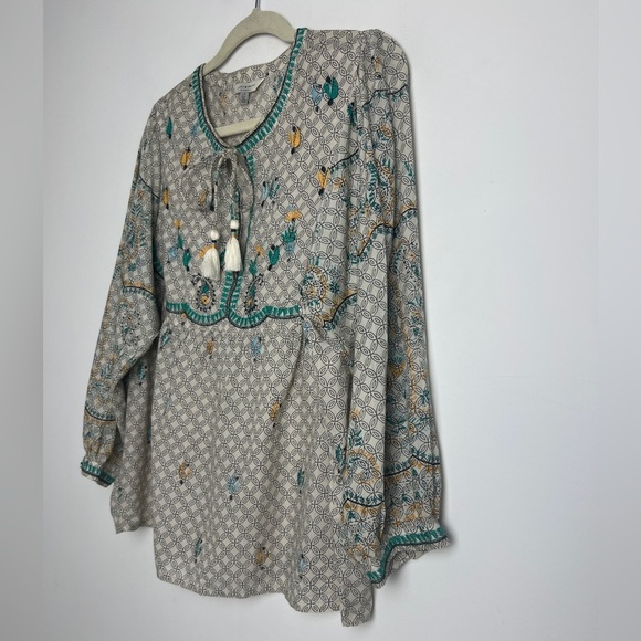 Lucky Brand Evelyn Embroidered Peasant Bohemian Tassel Balloon Sleeve Top Sz L - Picture 4 of 12